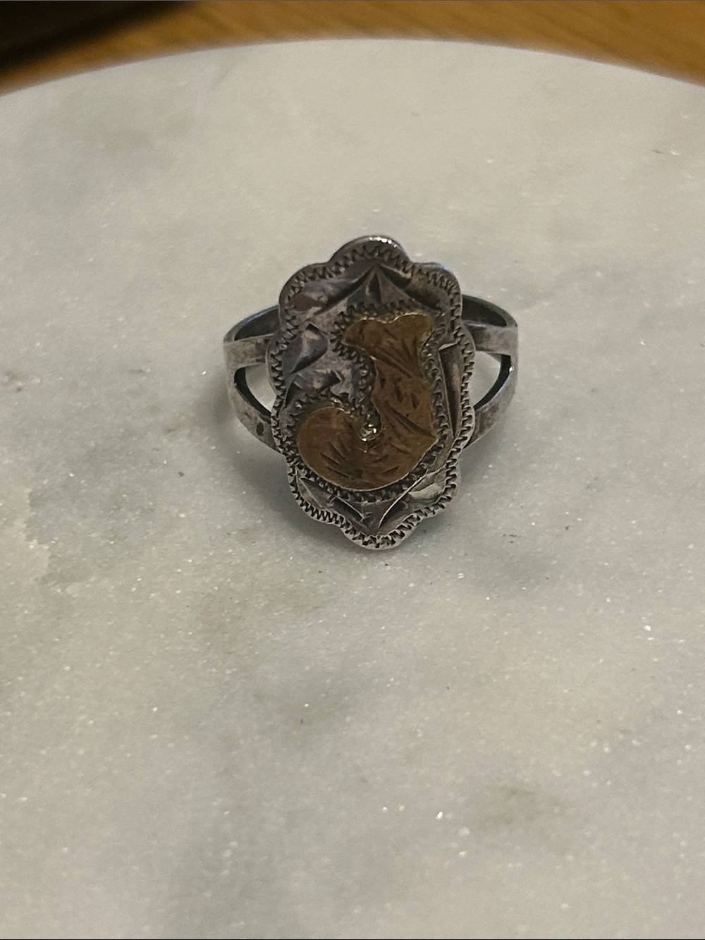 Sterling Silver and Gold Two-Tone Floral Scroll Vintage Ring (Initial "J")
